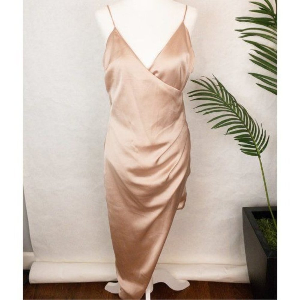 Akira Satin Midi Dress Ruched V Neck Sleeveless